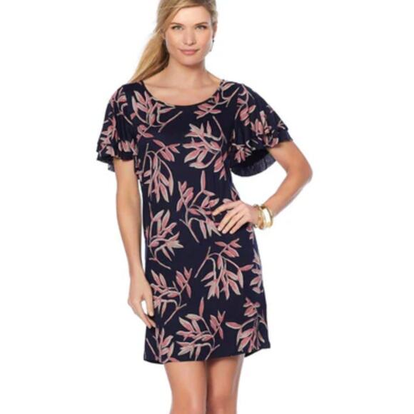 2/$30 Lucky Brand Floral Print Flutter Sleeve Dress Navy Blue Size S - Picture 1 of 8